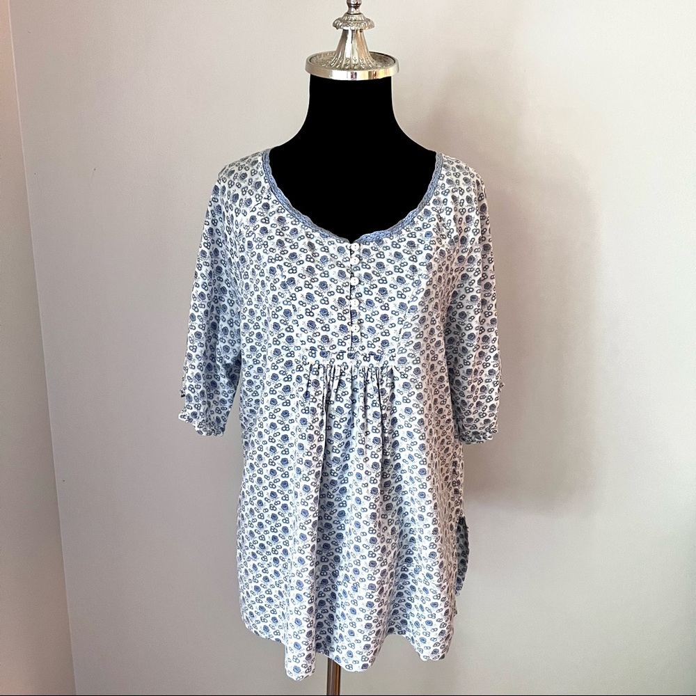 APRIL CORNELL Floral Blue and White Short Sleeve Tunic Top Women’s Size Medium - Picture 8 of 11